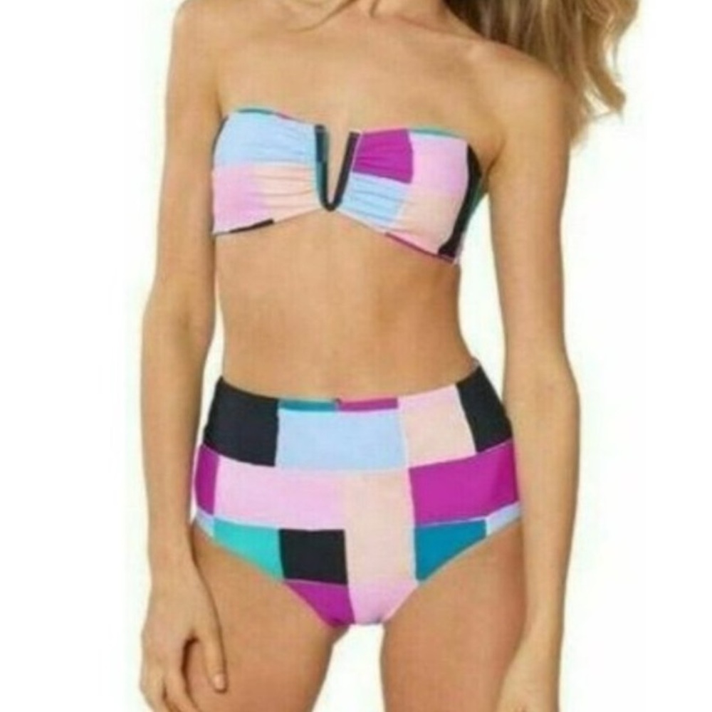 💅🏻RED CARTER Marylin Print High Waist Bandeau Color Block Bikini Swimsuit
